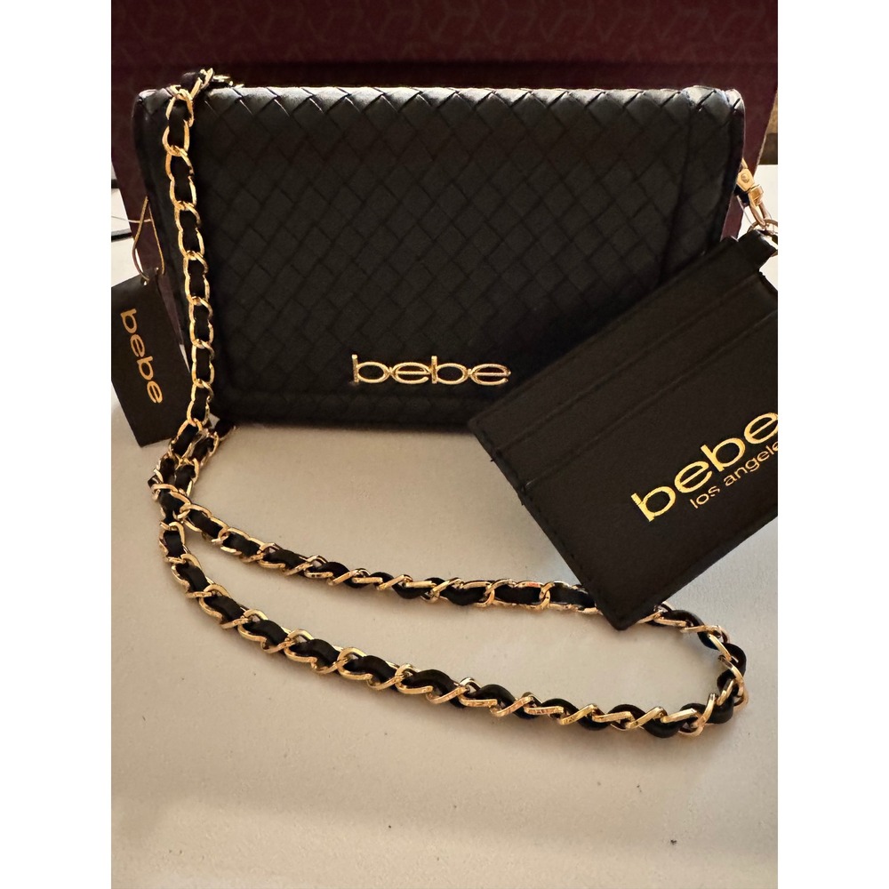 Bebe Woven Crossbody Bag with Matching Card Holder Black Gold Chain Strap NEW - Picture 4 of 6